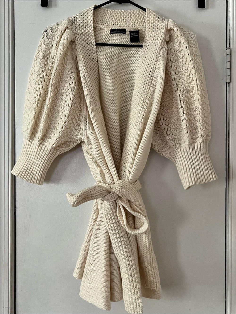 Moda International Cream Belted Puff Sleeve Knit Cardigan Sweater XL Cottagecore